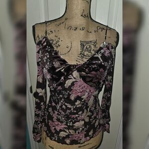 Express Women's L Floral Print Cold Shoulder Top Long Sheer Sleeves